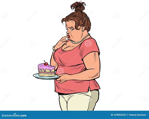 Fat Woman With Cake Diet And Human Health Stock Vector Illustration