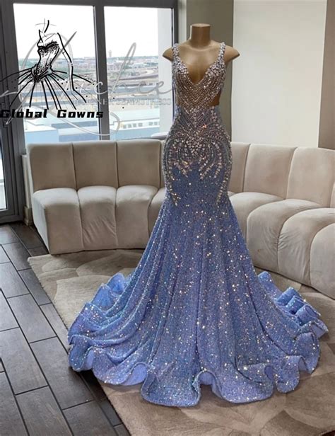 Sky Blue Sheer O Neck Long Prom Dress For Black Girls Beaded Crystal