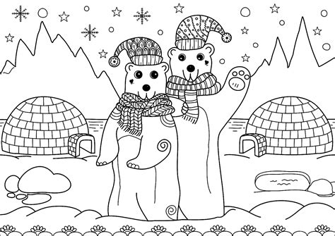 Polar bears and igloos - Christmas Coloring Pages for Kids