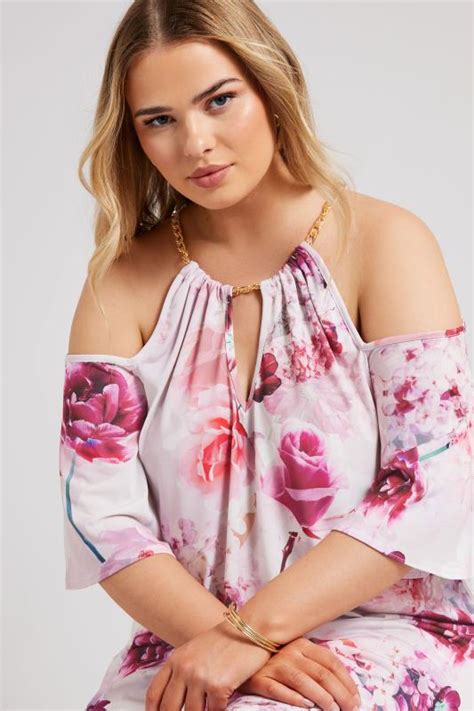 Yours London Plus Size Pink Floral Print Chain Cold Shoulder Top