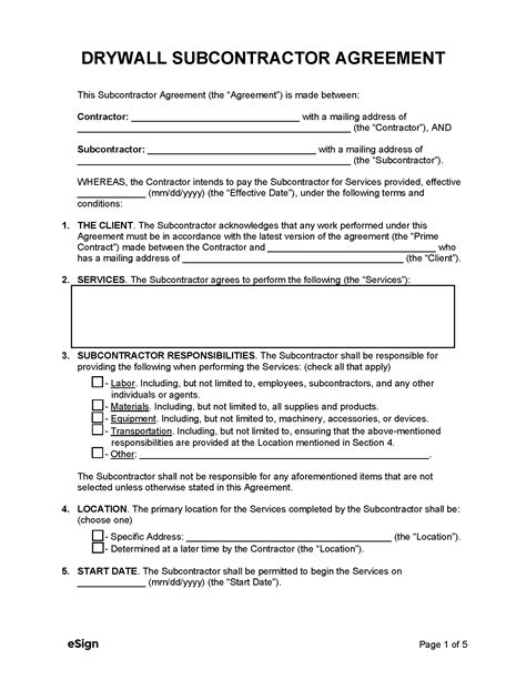 Free Drywall Subcontractor Agreement Template PDF Word