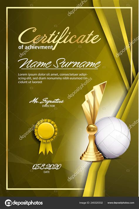 Diploma De Certificado De Juego De Voleibol Con Vector De Copa De Oro