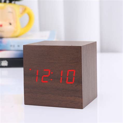 Usb Digitale Led Hout Houten Kubus Bureauklok Alar Grandado