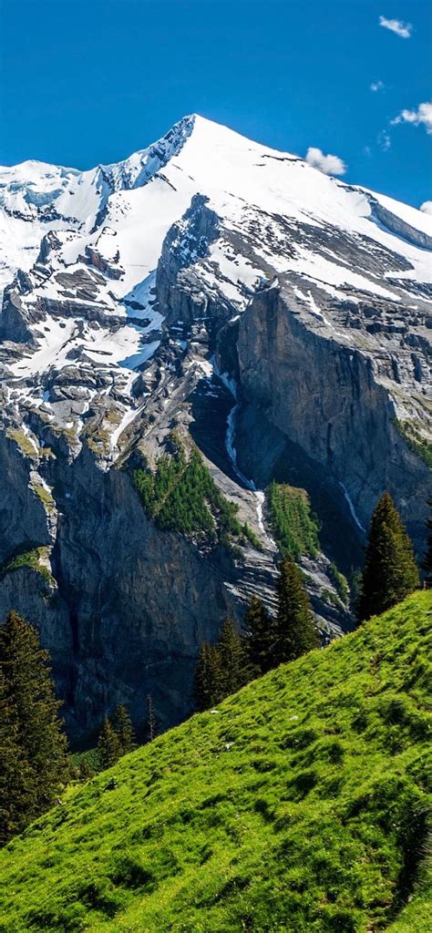 The Mountain Is Covered In Snow And Green Grass