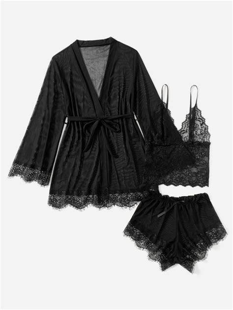 Pack Floral Mesh Lingerie Set Belted Robe Shein Usa