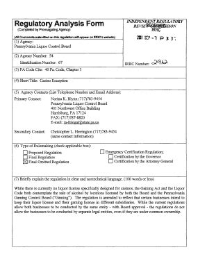 Fillable Online Irrc State Pa Regulatory Analysis Form INDEPENDENT