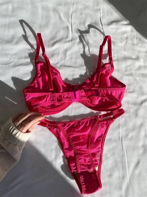 Sparkling Pink Mesh Lingerie Set Basic Lingerie Bra And Panty Set Mesh Panty Etsy