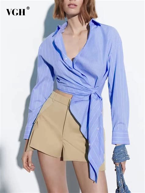 Vgh Irregular Striped Shirts For Women Lapel Long Sleeve Spliced Single