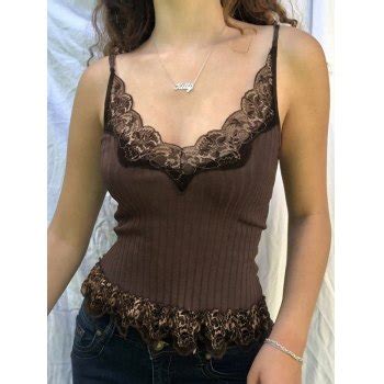 Emmiol Free Shipping Lace Paneled Rib Crop Cami Top Brown S In