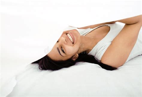 Woman Relaxing Naked In White Bed Stock Photo Image Of Brunette Tanned 10596796