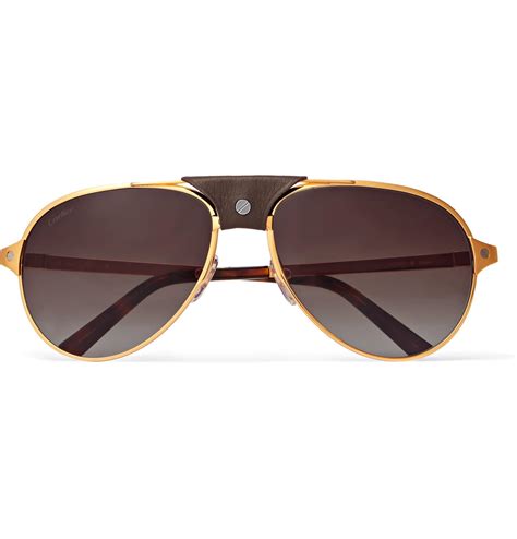 Cartier Santos De Cartier Aviator Style Leather Trimmed Gold Plated Sunglasses In Metallic For