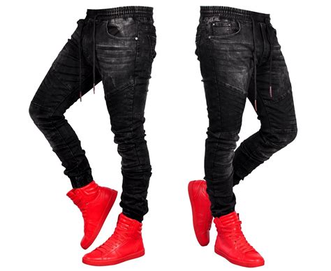 China New Arrival Elastic Waist Men`s Skinny Black Ripped Jeans China