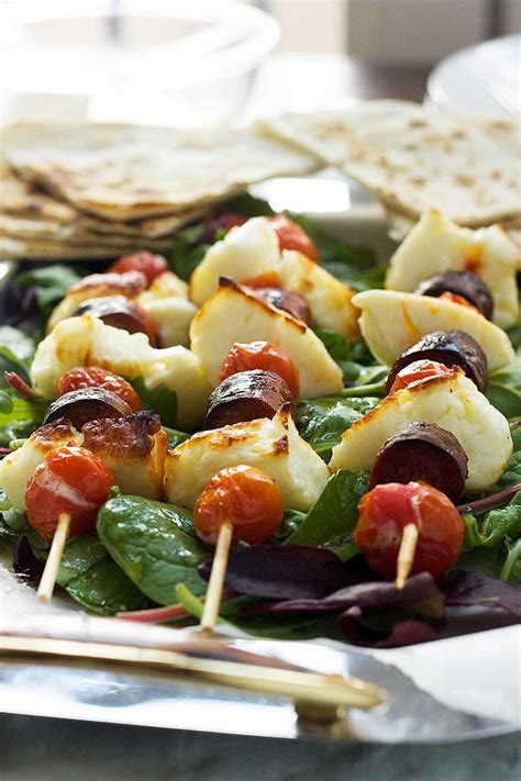 Halloumi Chorizo And Tomato Skewers With Honey Lime Dressing Scrummy Lane