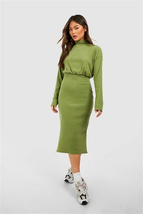 Soft Rib Roll Neck Midi Dress Boohoo Uk