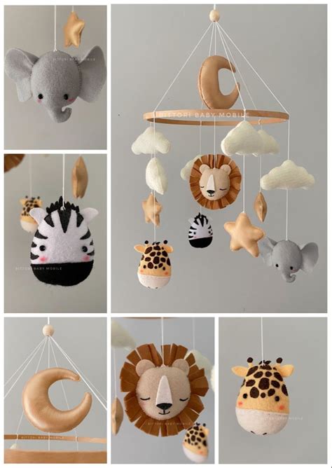 Safari Mobile Nursery Decor With Lion Elephant Giraffe Zebra Moon And