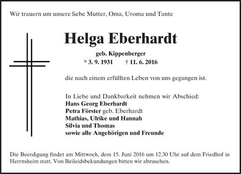 Traueranzeigen Von Helga Eberhardt Vrm Trauer De