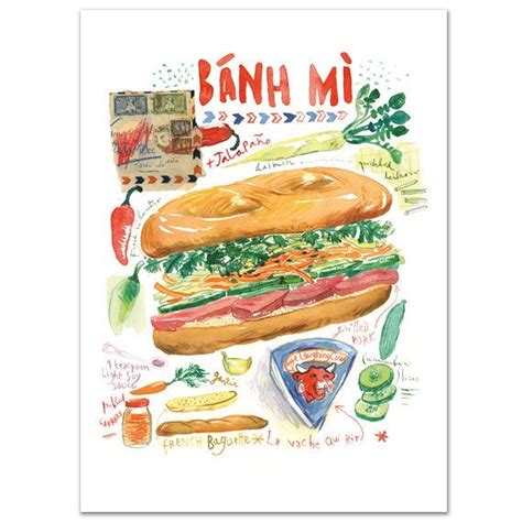 Vietnamese Banh Mi Recipe Print Watercolor Painting Asian Restaurant Decor Vietnam Cuisine