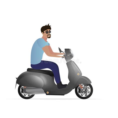 The Guy Is Riding A Scooter A Man On A Moped Is Isolated On A White