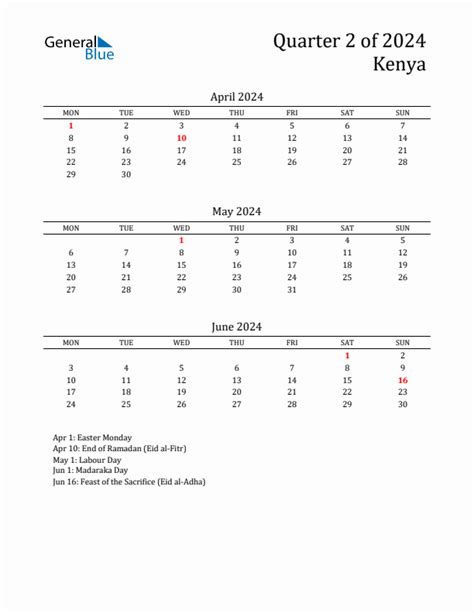 Q2 2024 Monday Start Quarterly Calendar With Kenya Holidays