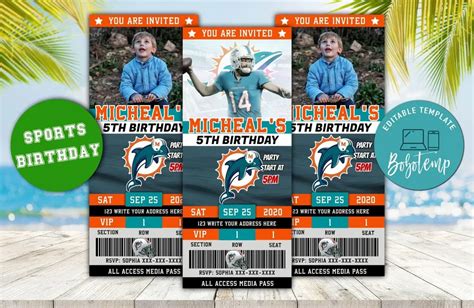 Editable Miami Dolphins Birthday Ticket Invitations DIY Bobotemp