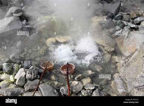 Boiling Eggs In Basket In Hot Springs In Volcano Prabhupan Perahu Near Bandung Stock Photo Alamy