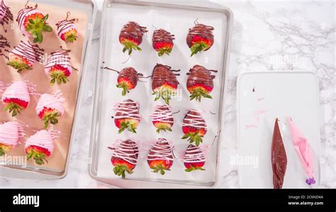 Flat Lay Step By Step Garnishing Chocolate Dipped Strawberries With