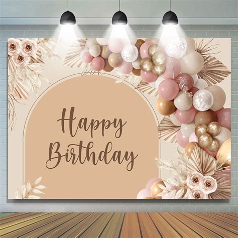 Floral Balloon Light Brown Boho Happy Birthday Backdrop Lofaris