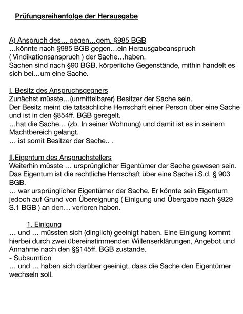 Schemata Herausgabeanspruch Bgb At Pr Fungsreihenfolge Der