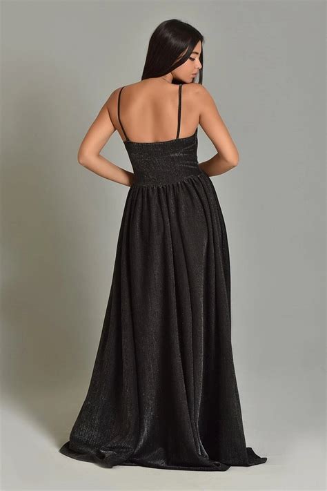 Secret Passion Lingerie Işıltılı Kumaş Göğüs Dekolteli Yırtmaç Detaylı Uzun Siyah Abiye Elbise
