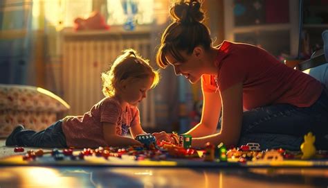 Una Madre Y Su Hijo Jugando Con Legos Coloridos En El Suelo Imagen