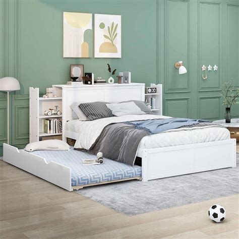 Qualler White Wooden Frame Full Size Platform Bed With Trundle and ...