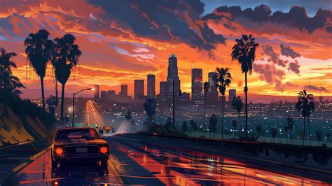 Sunset City Car Road Scenery 4K 2622a Wallpaper PC Desktop