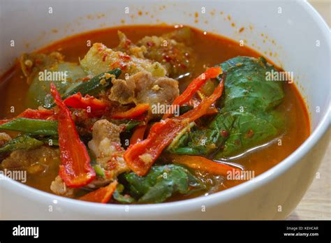 Hot Spicy Curry With Pork On Wooden Thai Food Stock Photo Alamy