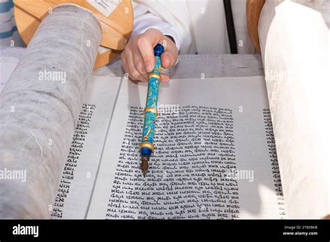 Closeup of a hand holding a yad or pointer during the reading of the ...