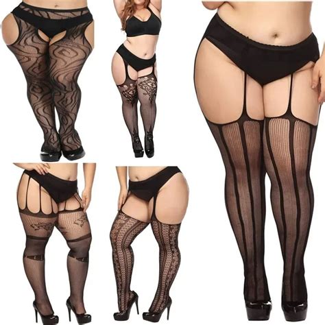 Bas R Sille Noir Grande Taille Pour Femme Collants Ouverts Sans Entrejambe Cuisse Haute Lingerie