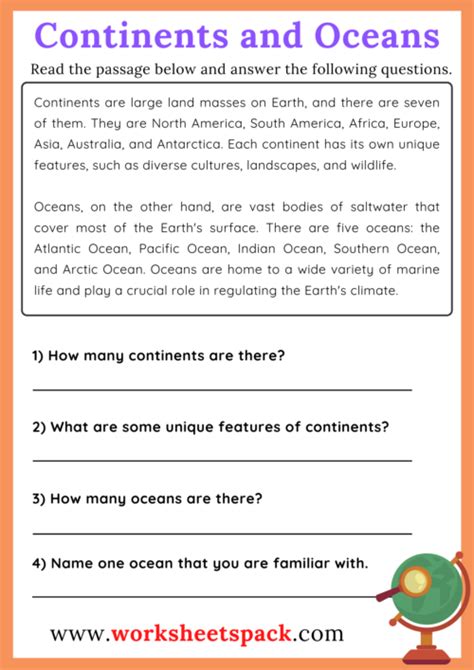 Continents And Oceans Reading Comprehension Passage Worksheetspack