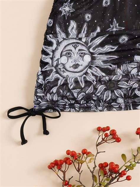 Herminedecrayon Goth Sun Graphic Ribbed Bikini Set Cut Out Cami Bra Hipster Bottom Sheer