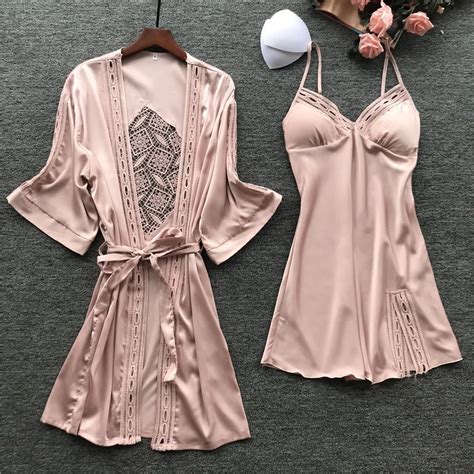 Primavera verão 2020 New Sexy Camisola Conjunto Robe de Seda Gelo