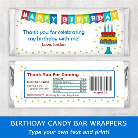 Birthday Candy Bar Wrappers Printable Chocolate Wrappers Adult Birthday Party Favors Candy