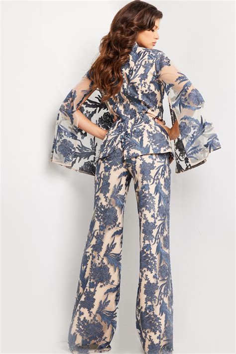 Navy And Nude Two Piece Contemporary Suit Jovani