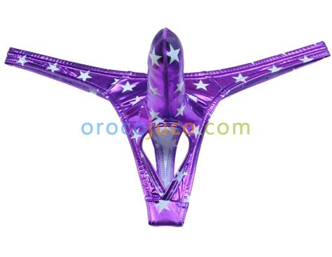 Men Shiny Stars T Back Ball Hole Faux Underwear Long Pouch Bikini Nuts Out Thong Mux