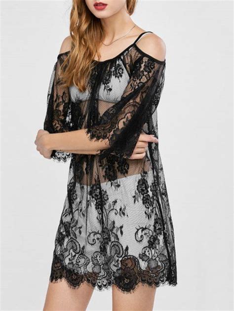 [17 Off] 2019 Lace Cold Shoulder See Thru Cover Up In Black Dresslily