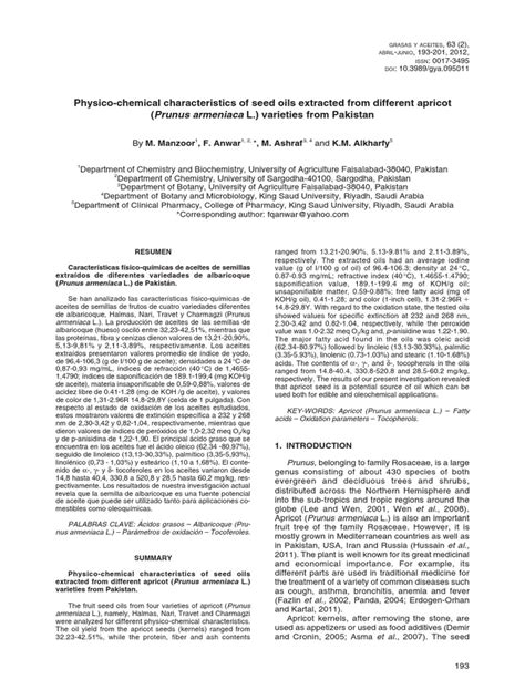 Physico-Chemical Characteristics of Seed Oils Extracted From Different Apricot (Prunus Armeniaca ...