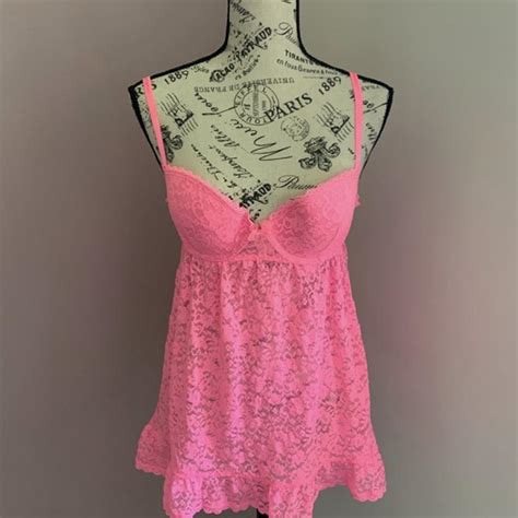Victorias Secret Y2K Hot Pink Babydoll Lace Tank Depop