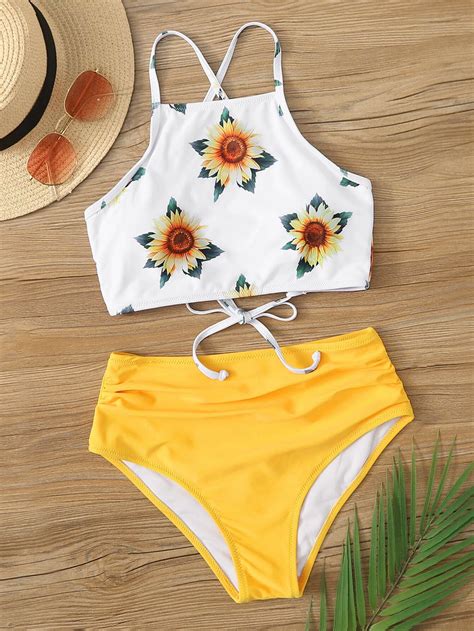 Bikini Badeanzug Mit Sonnenblumen Muster Band Hinten Und Hoher Taille