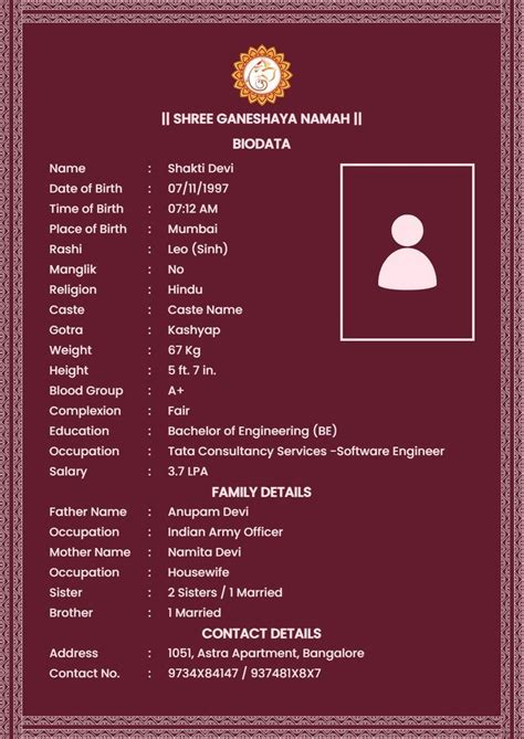 Hindu Marriage Biodata Format With Photo Wine Berry Background Color