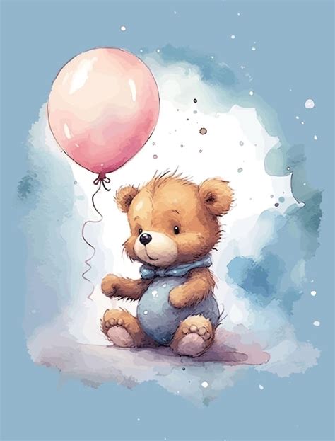 Illustration Aquarelle Vectorielle Ours En Peluche Mignon Et Ballon