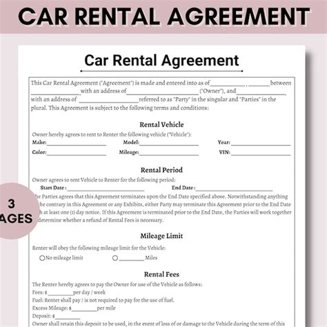 Car Rental Agreement Etsy