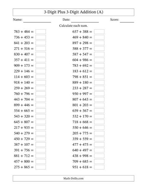 Horizontally Arranged Three Digit Plus Three Digit Addition 50