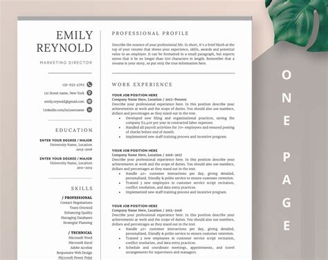 One Page Professional Resume CV Template Simple Resume Template 1 Page ...